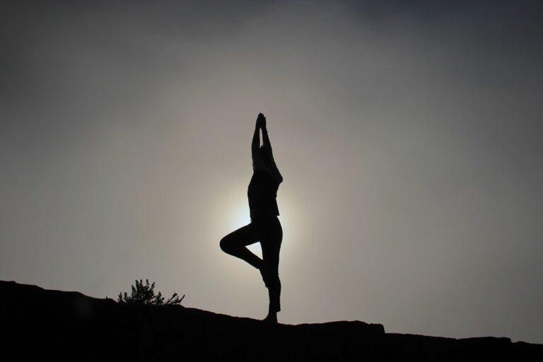 Person in Yoga-Baumhaltung (Vrikshasana) auf einem Felsgrat im Gegenlicht der Sonne
